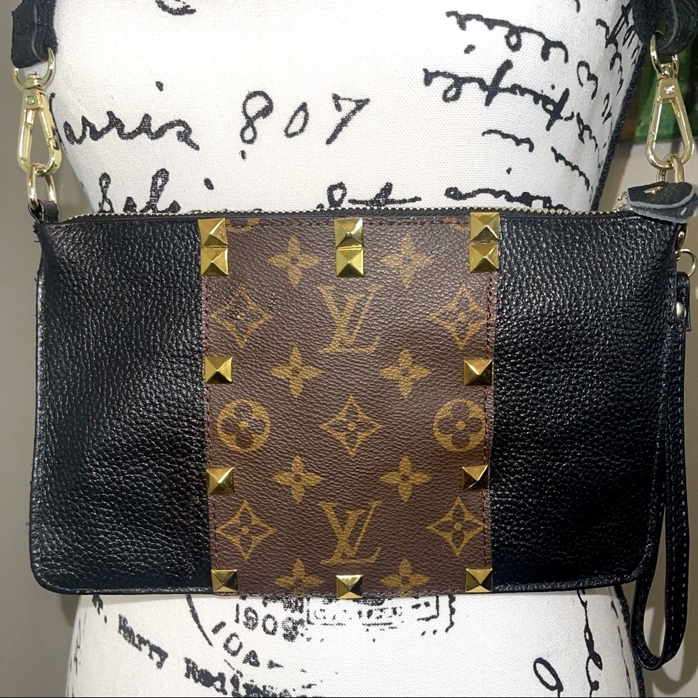Louis Up Cycled, Leather Crossbody and Wristlet, Black 3 row studs